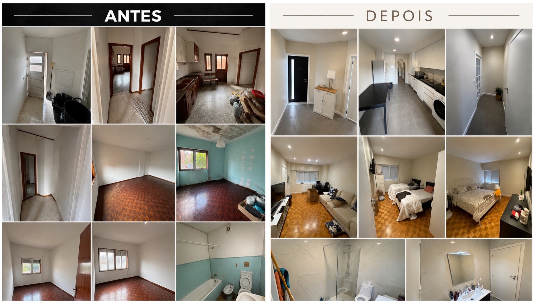 Comparação antes e depois de uma remodelação interior completa
