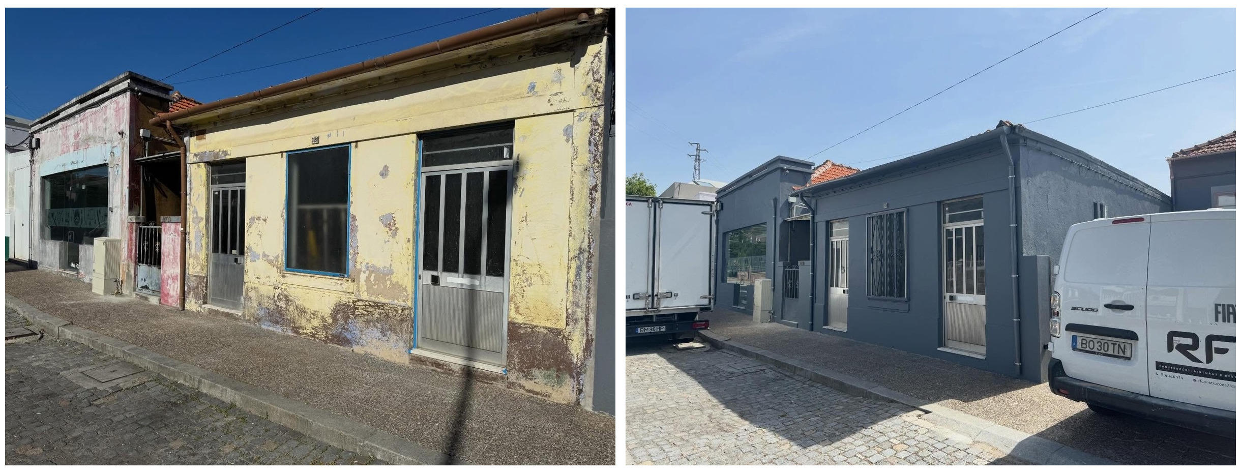 Comparação antes e depois da renovação de uma fachada