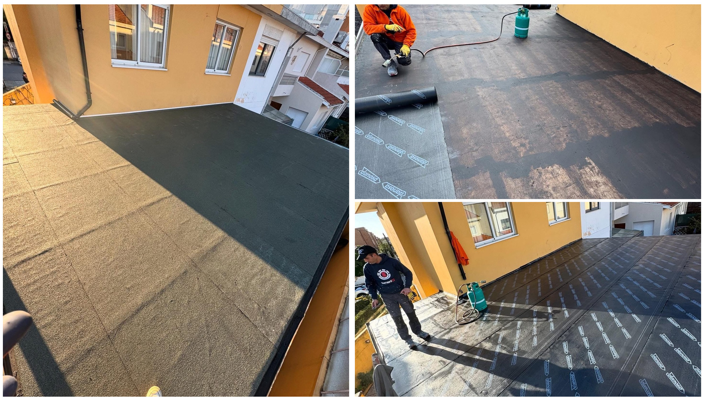 Várias etapas de impermeabilização de um terraço